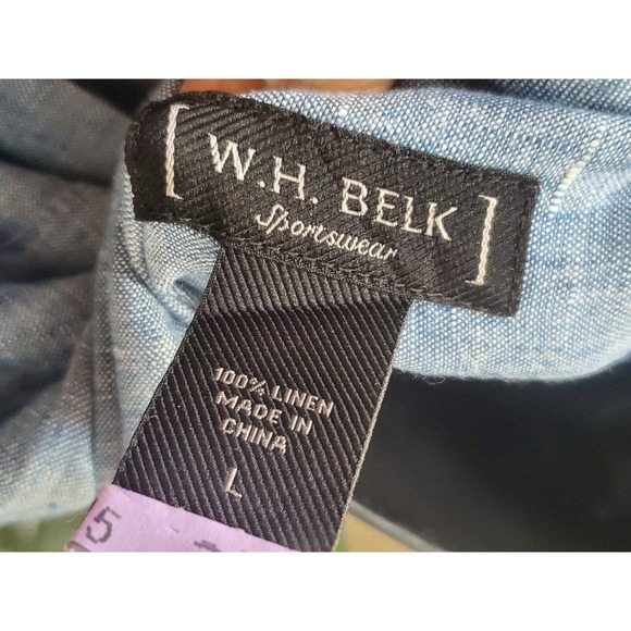 W.H. Belk Men's Blue 100% Linen Collared Long Sleeve Button Down Shirt Size L - Picture 7 of 11